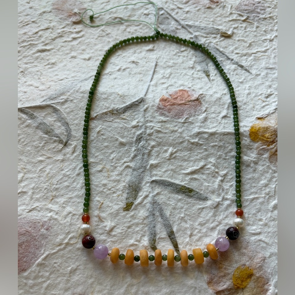 Authentic Natural Hetian Jade & Kunzite &  Fresh water Pearl & Amber  Necklace